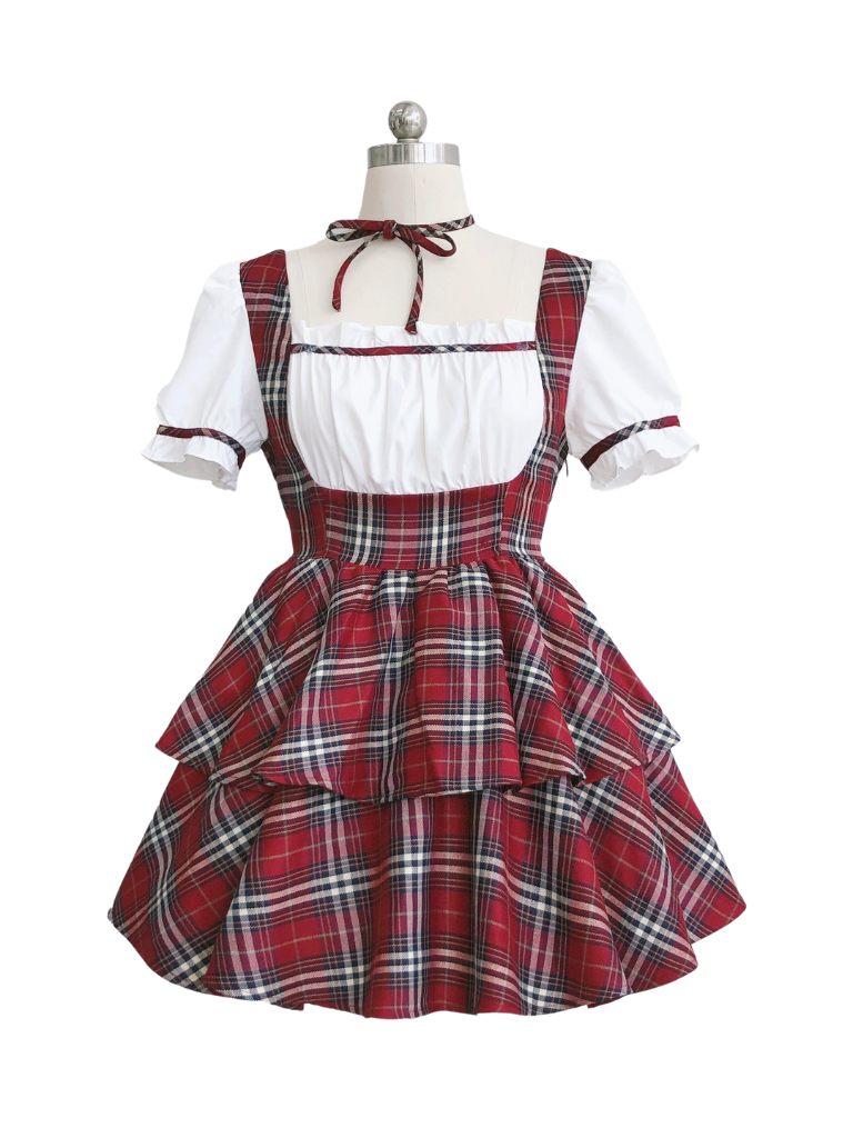 Choker Sleeve Puff Dress Scottish Cake Ribbon Pants Check Red Puffy