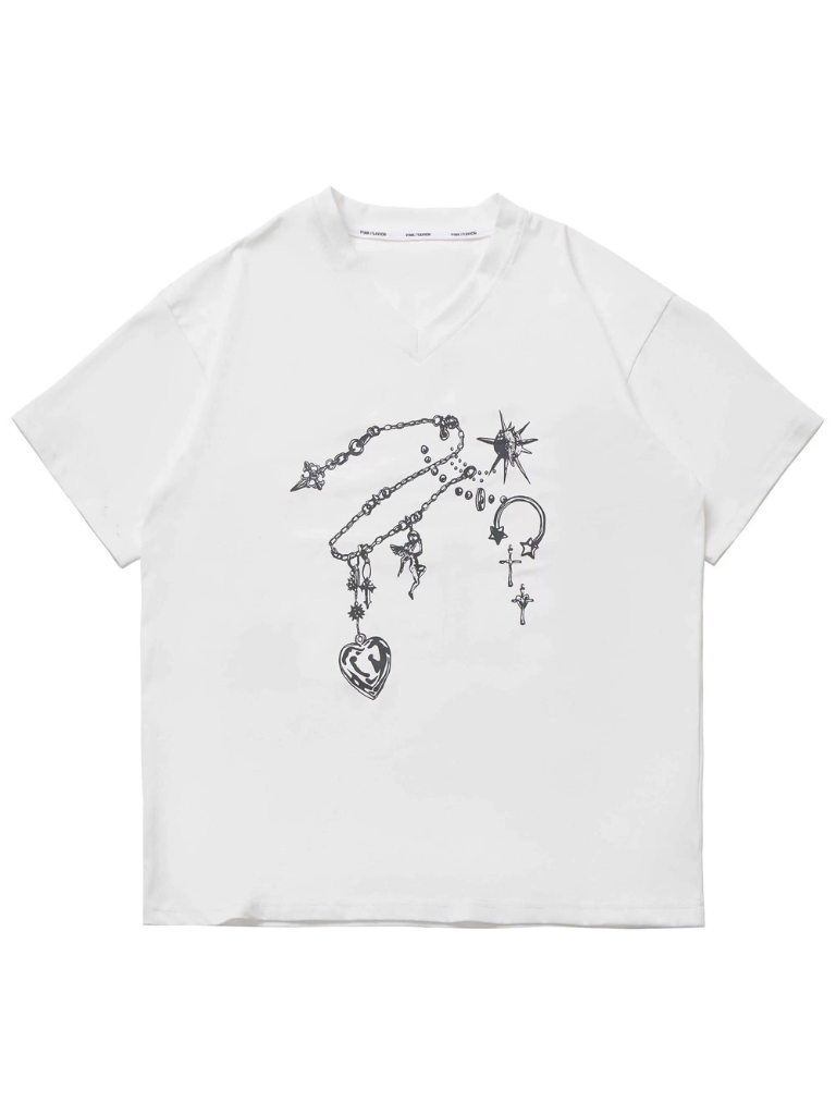 Schwarzes T-Shirt mit V-Ausschnitt und weißem Edelstein