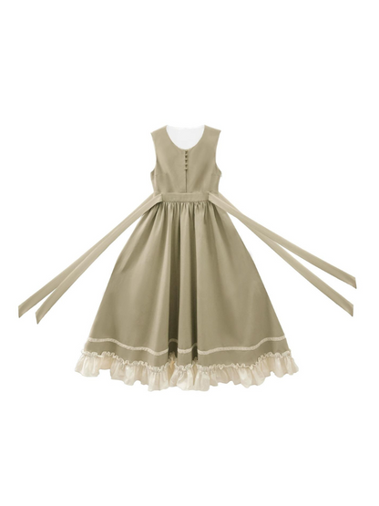 Robe française + rétro longue à volants gilet chemisier vert