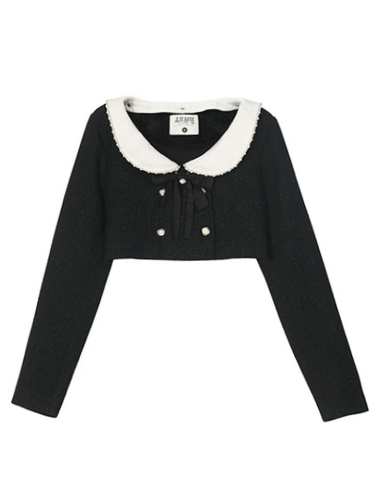 Robe veste noire parfumée, bretelles pailletées, rose et perles, costume court
