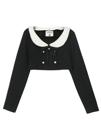 Robe veste noire parfumée, bretelles pailletées, rose et perles, costume court