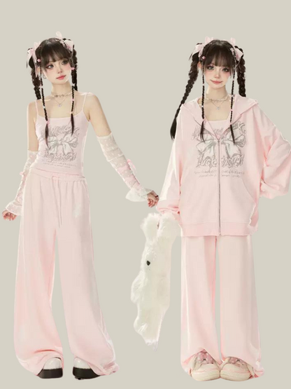 Zip Girly + Loose Butterfly Camisole Pants Jacket Ribbon Sweatshirt Hooded Pink