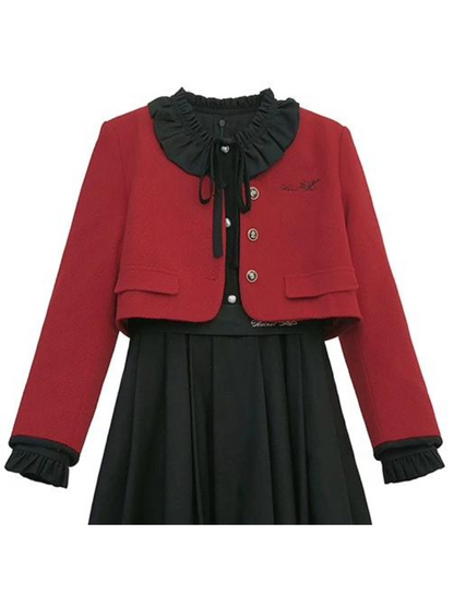 Veste lanterne rouge, manches de costume élégantes, volants, cravate, robe courte noire, ruban, rétro