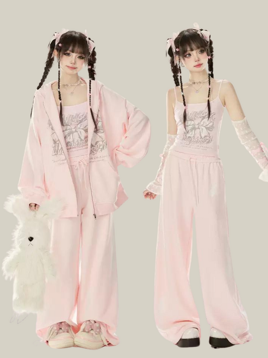 Zip Girly + Loose Butterfly Camisole Pants Jacket Ribbon Sweatshirt Hooded Pink
