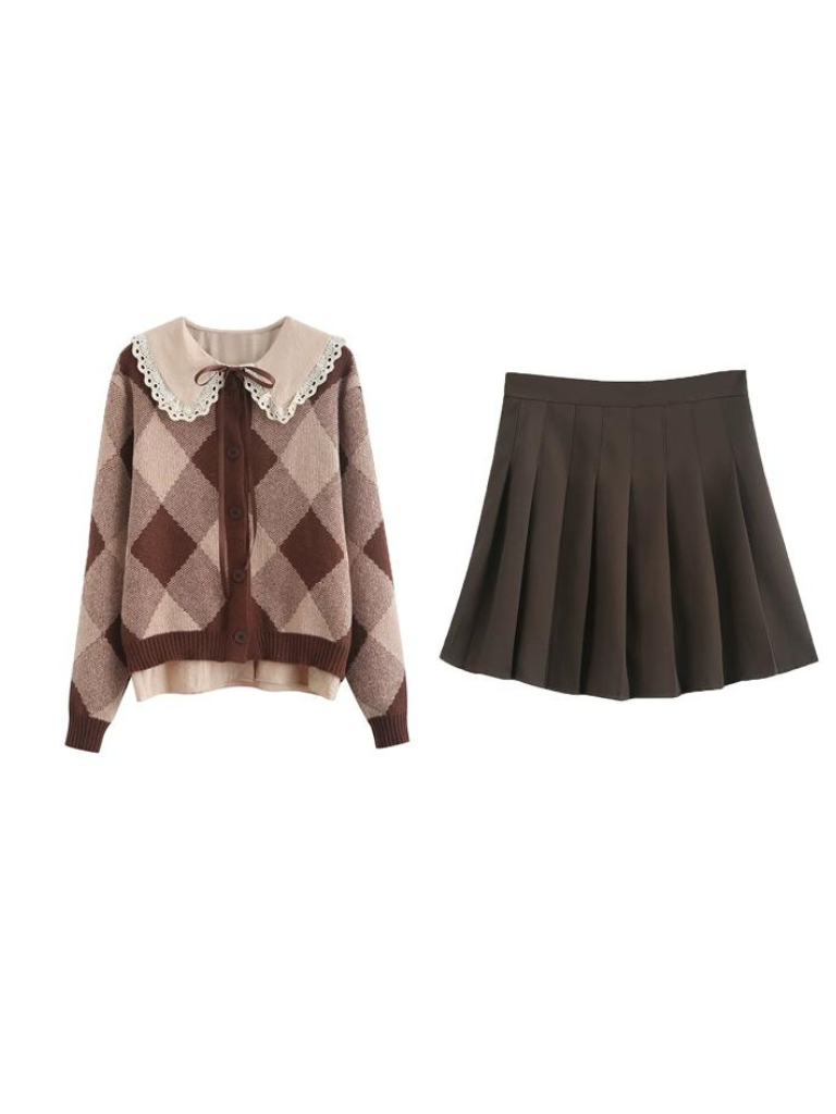 Argyle Skirt Pleated Knit Brown Cardigan Retro
