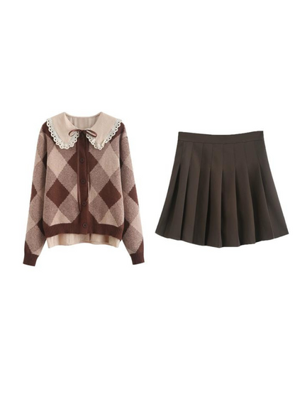 Argyle Skirt Pleated Knit Brown Cardigan Retro