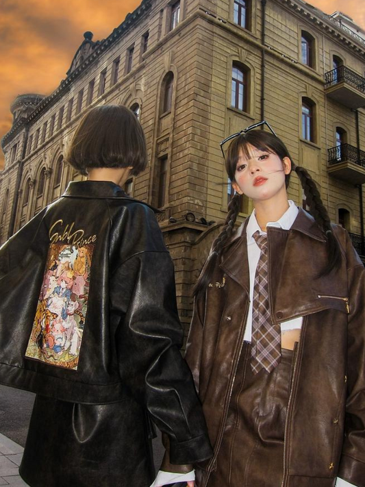 Veste en cuir rétro avec motif à l'huile et jupe en cuir