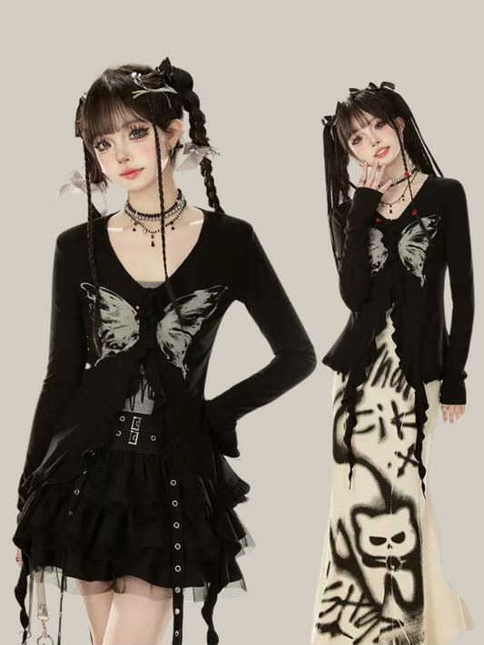 Butterfly Print Slim Cardigan Ribbon Ruffle