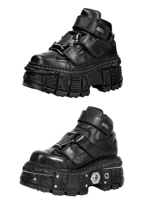 Metal Leather High Platform Plain with Punk Chain Shoes Dark Style Top