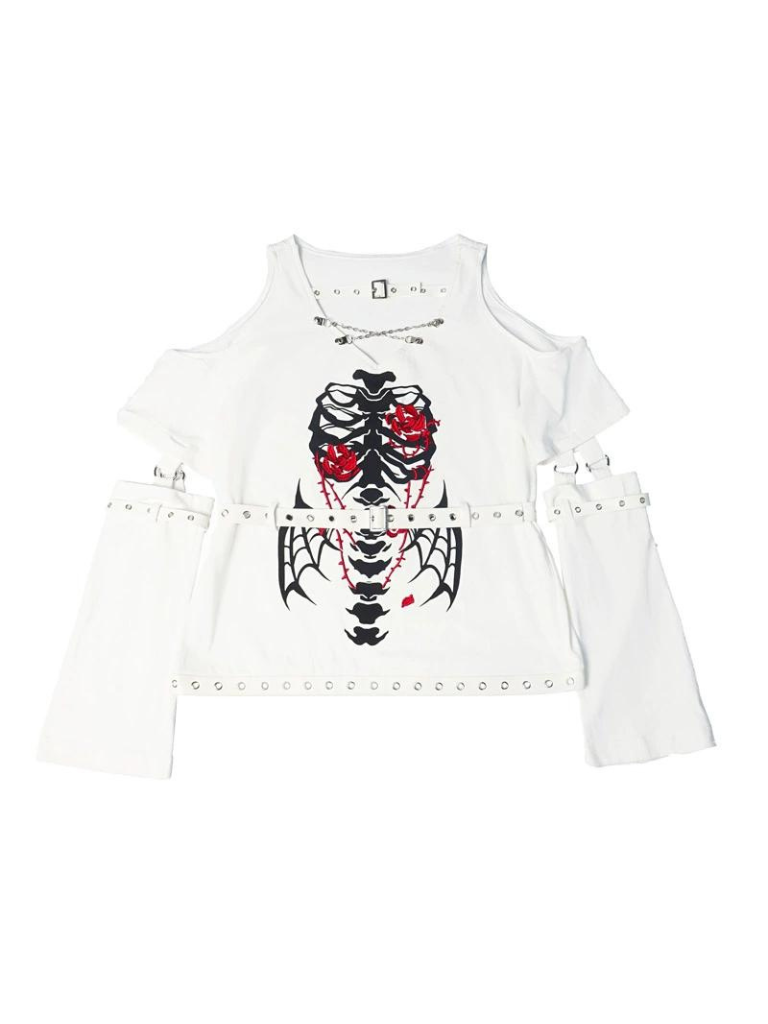 Dunkles Top Ärmel Kette Strick T-Shirt Riemen Split