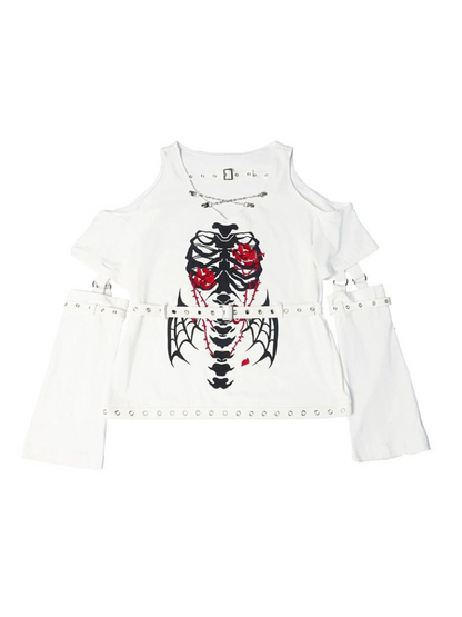 Dunkles Top Ärmel Kette Strick T-Shirt Riemen Split