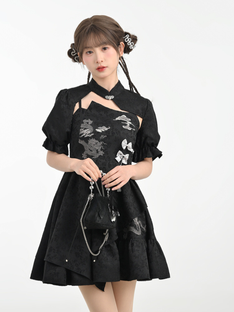 Cardigan Dragon Chic Chinese Dress + Short Mode Sleeve Puff