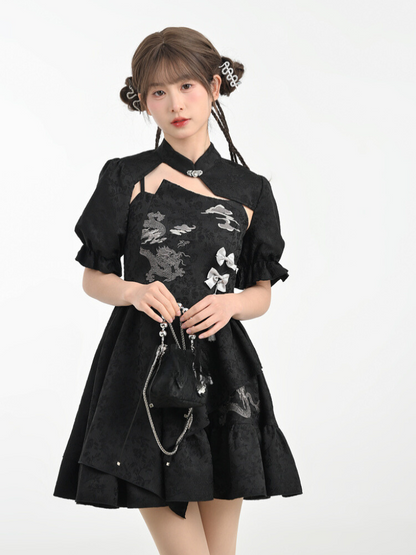 Cardigan Dragon Chic Chinese Dress + Short Mode Sleeve Puff