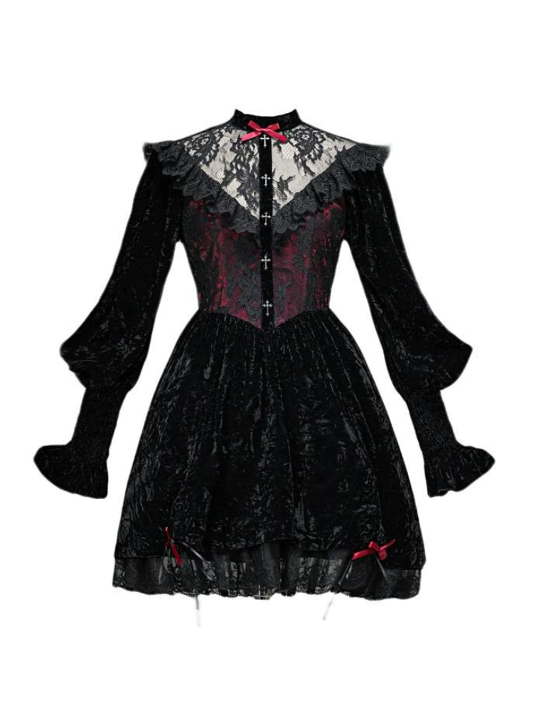 Red Dress Puff Sleeve Velvet Rose Lace Cemetery Gothic Dark