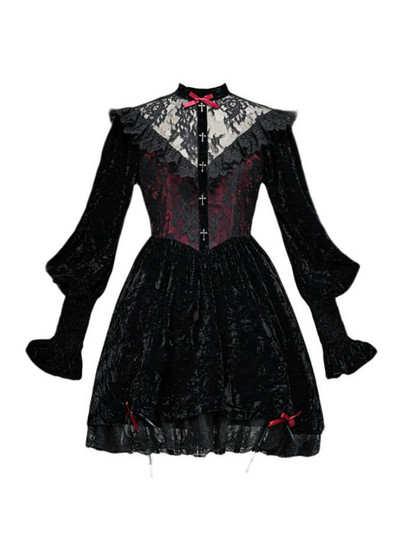 Red Dress Puff Sleeve Velvet Rose Lace Cemetery Gothic Dark