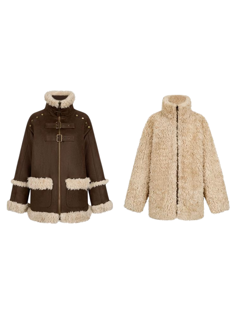 Wendbarer Pelz-Ledermantel + schulterfreies Rüschenkleid