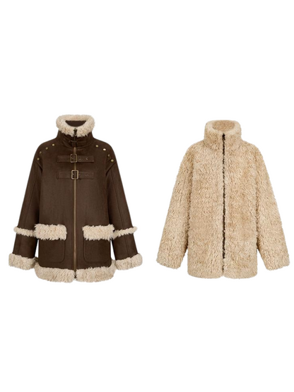 Wendbarer Pelz-Ledermantel + schulterfreies Rüschenkleid