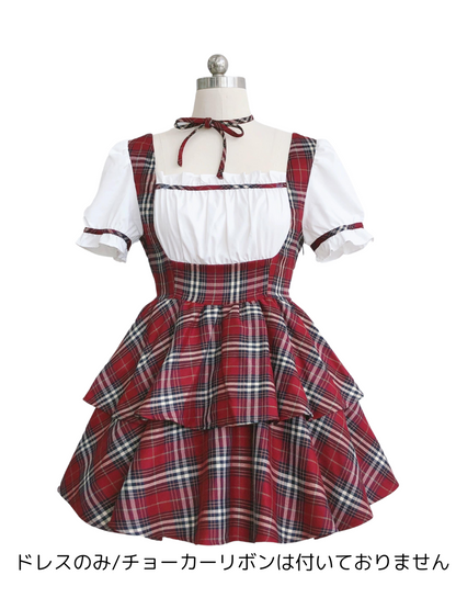 Pants Puff Scottish + Choker Ribbon Puffy Sleeve Cake + Check Dress Red