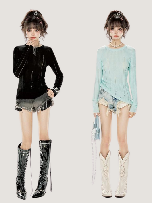 Slim Neck Ground Rippin Knit Irregular Top Summer
