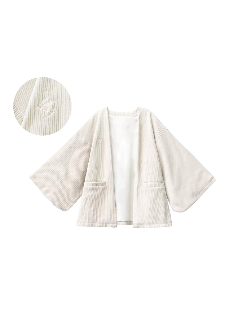 Robe à plumes blanches tissée de poèmes, chemise intérieure, corsage rose + volant, veste rétro à volants rouges, bretelles, rose