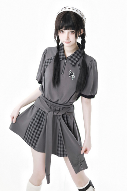 Mode Top Check Pants Skirt Casual Wide +