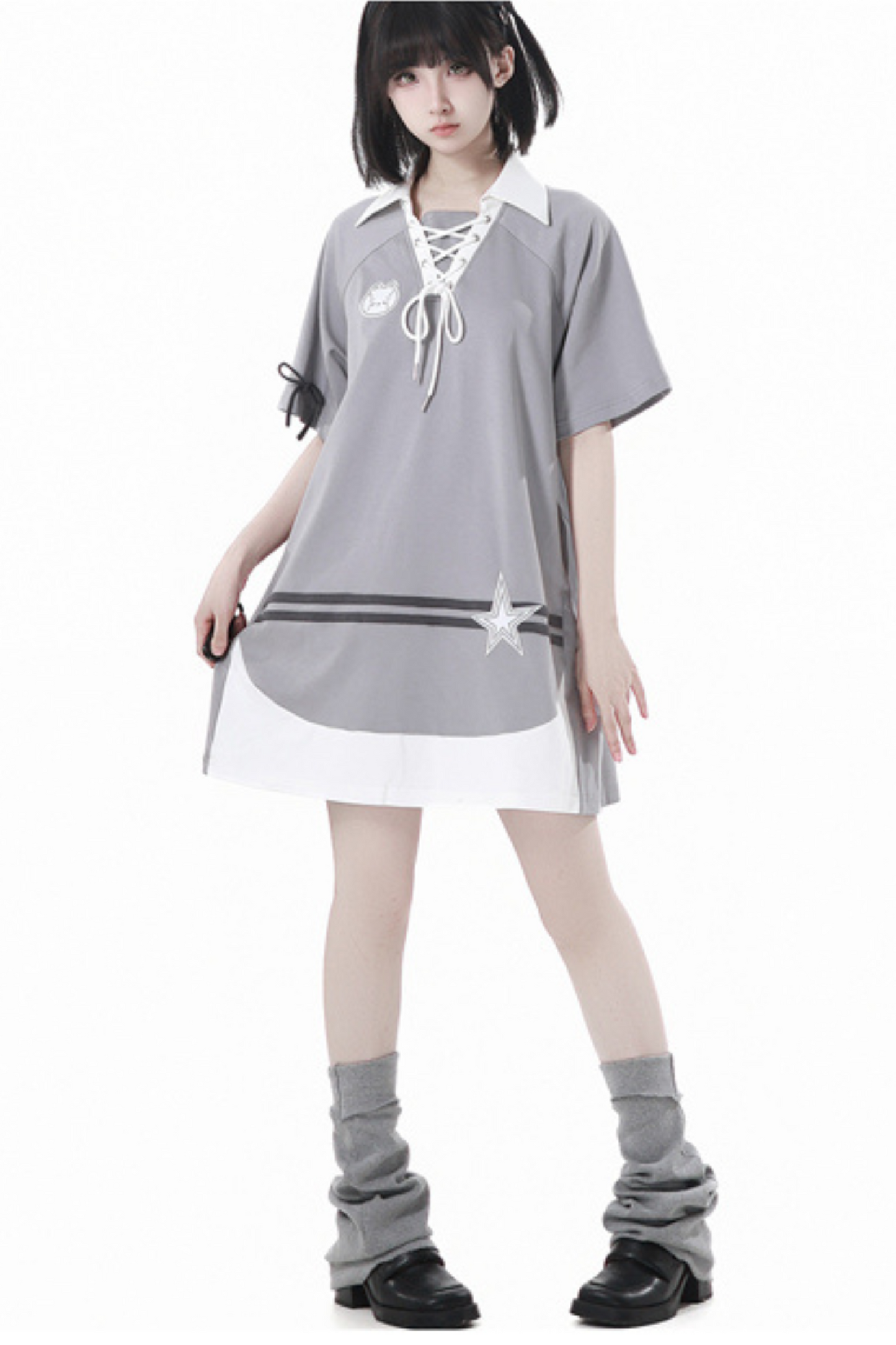 loose Lace-up skirt balloon top hooded t-shirt +