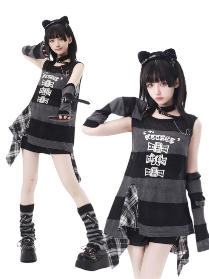 Ensemble gilet à carreaux d'époque + jupe rayée + sans manches + manches rythmées