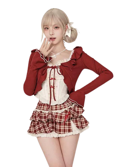 Wine Cherry Red Skirt + Top Waist Vest Cardigan Red Summer Red Check + High Sweet Suit