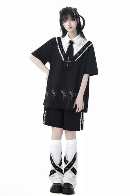 Loose Pants Top Frilled Hooded + Warmers Leg Half Dress Nektor