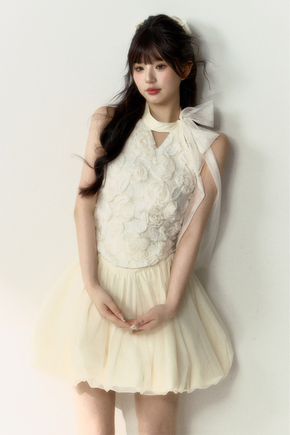 Long + Sweet Sleeveless Short Flower French Skirt Balloon Top