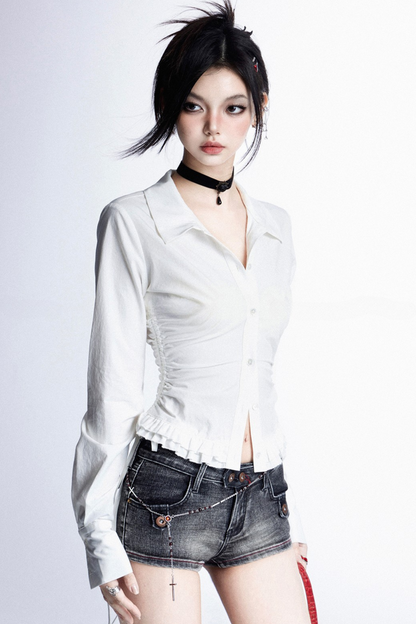 Vネック モデストプリーツブラウス スリム