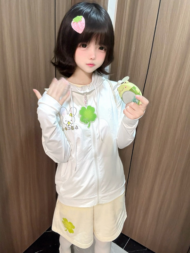 Jacket Charm White Bunny Print Sun with Leaf Clover Four Protection Hoodie
