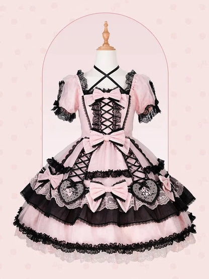 Embroidery Black Accents Bunny and Dress Lolita Heart Bow Pink Applique Sweet
