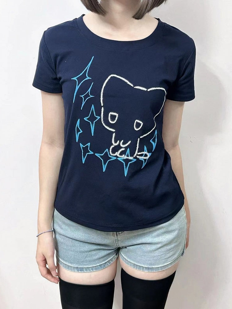 Round Star Blue Neck Cat T-shirt Dark Kei Jirai Print And