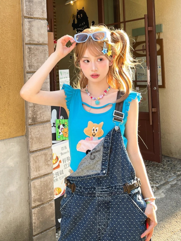 Free Kitty Applique Flutter Sleeves Top Blue Cute Necklace with
