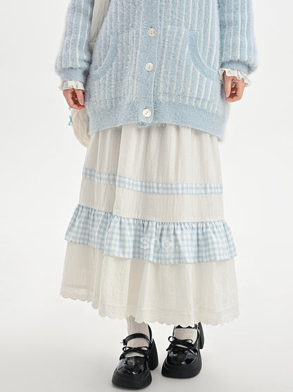 White High Waist Lace Trim Sweet Skirt Plaid Patchwork
