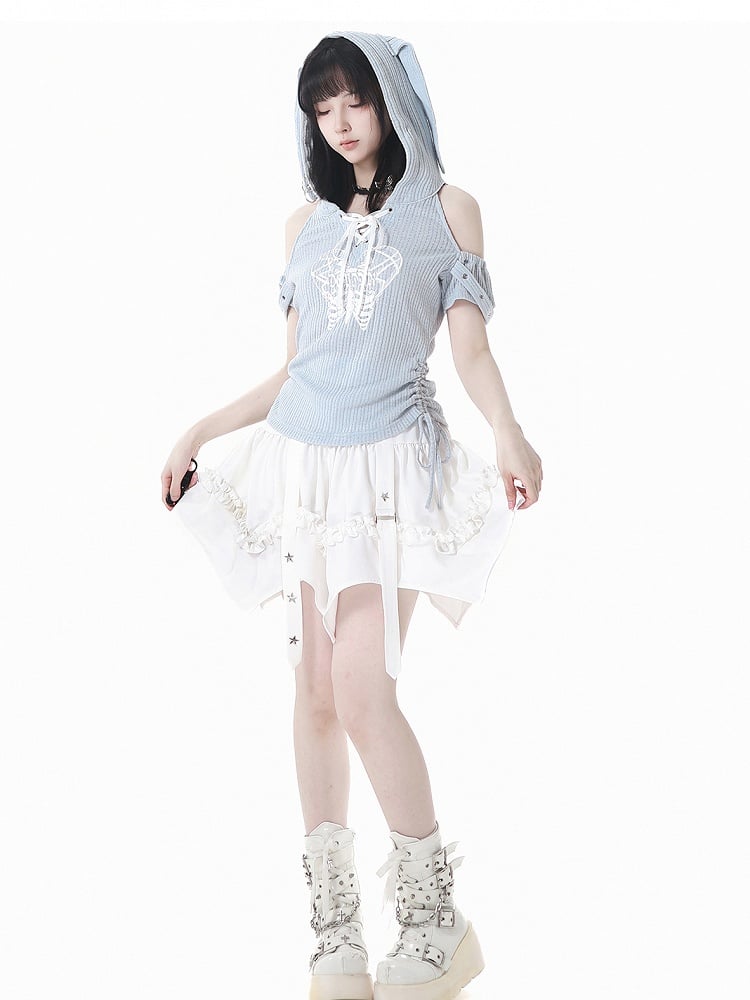 Blue Lace-up Hood T-Shirt Light Drawstring Waist Bunny Ear Design Neckline