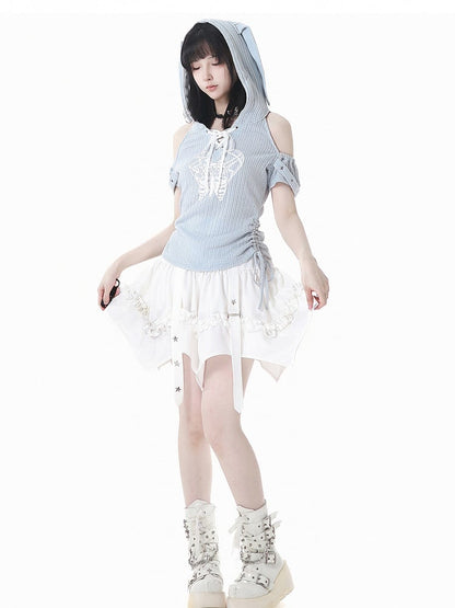 Blue Lace-up Hood T-Shirt Light Drawstring Waist Bunny Ear Design Neckline