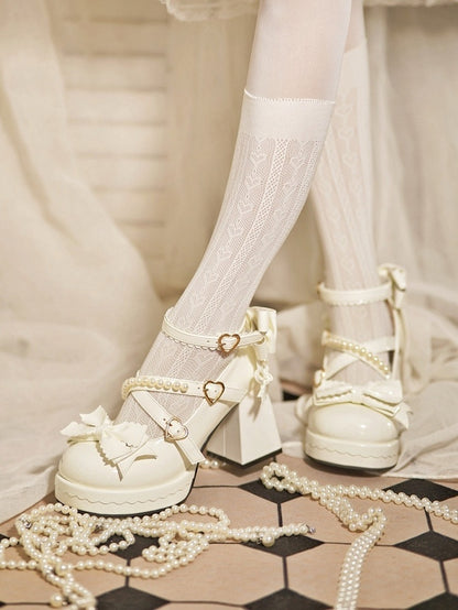 Platform Mary Block with Straps Crisscross - Janes Heel Buckle High Sweet Lolita White Heart Beaded