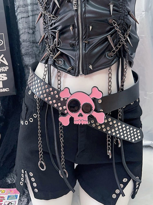 Modischer Gyaru verzierter Skelett-Taillengürtel aus PU in Schwarz und Rosa im Y2K-Stil