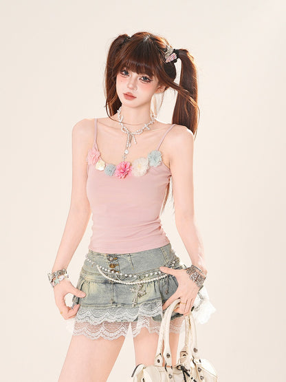 Pink Floral Embellished Neckline Slim-fitting Cami Top