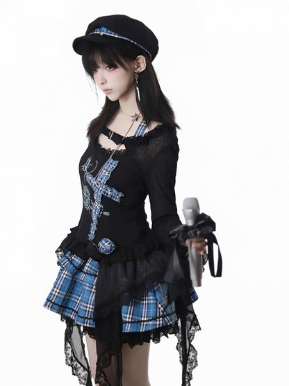 Print Design Butterfly Handkerchief Hem Idol Blue Plaid Criss-cross Halter Top Black and Rose