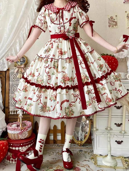 Dress Sleeves Short Strawberry Creamy Lolita Teddy Print and White