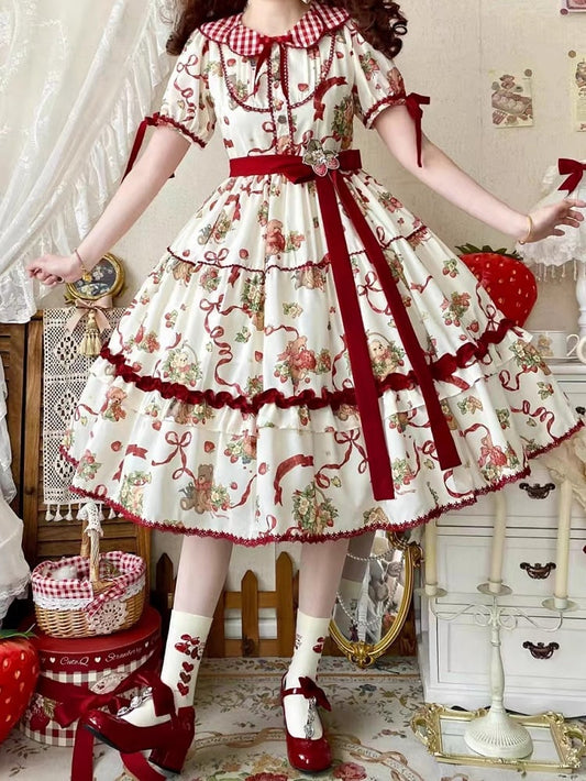Dress Sleeves Short Strawberry Creamy Lolita Teddy Print and White