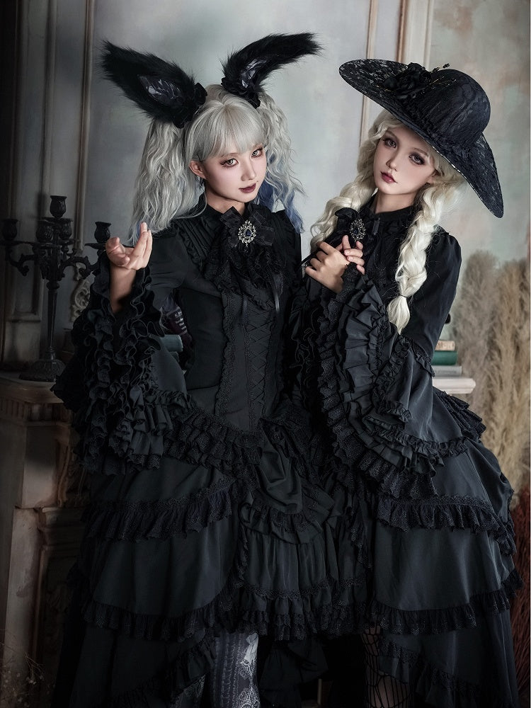 Schwarzes Lolita-Hemd mit Ärmeln, geschichtet, wunderschöne Glocke, ganz lang, Gothic Kuro