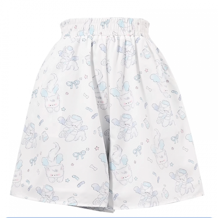 White Elastic Waist Shorts Allover Kitty Print