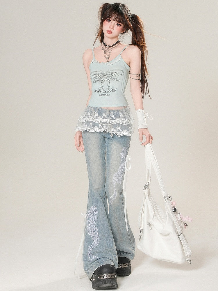 Bowknot Glamorous Flare Lace Embroidered Blue Jeans Silhouette