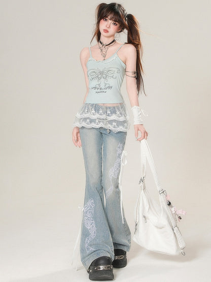 Bowknot Glamorous Flare Lace Embroidered Blue Jeans Silhouette