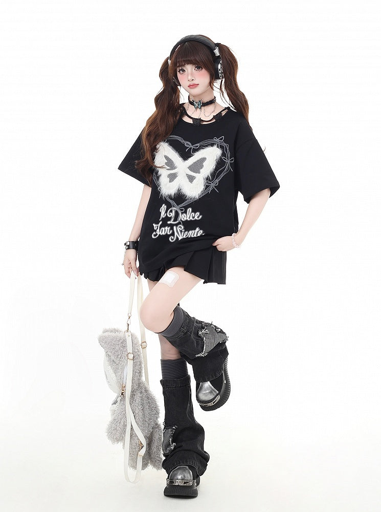 Plush Butterfly Applique Butterfly Neckline Black Design Bittersweet T-Shirt