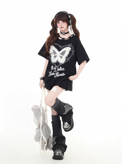 Plush Butterfly Applique Butterfly Neckline Black Design Bittersweet T-Shirt